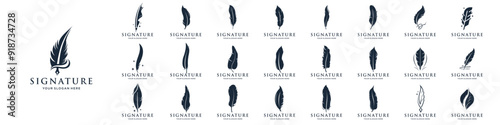 feather pen ink signature logo,Set of black feather icons isolated illustration.