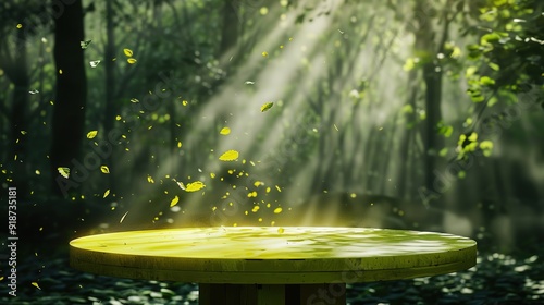 Sunny Autumn Afternoon: Vibrant Leaves Drifting Over a Yellow Table with a Serene Forest and Natural Light, Digital Art Inspired Photorealistic Landscape Photography photo