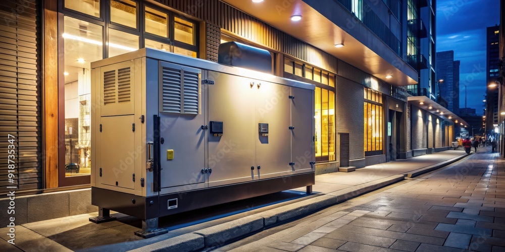 Electric generator providing backup power during blackout to a shop in city street , blackout, electric generator, backup power