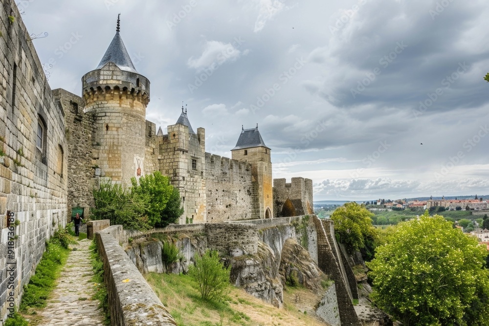 A stone wall with a walkway leading upwards, perfect for use in architecture or landscape photography A stone wall with a walkway leading upwards, perfect for use in architecture or landscape photography