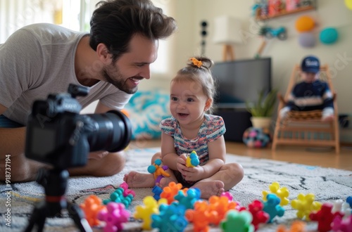 a father and her child sitting on the bed, playing with toys while being filmed for an online video content production service using a camera mounted on a tripod in front view. photo