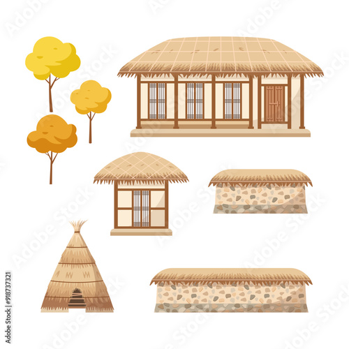 Korean farm house set.Traditional thatched house collection. House, storage, kimchi hut, stone fence and tree.