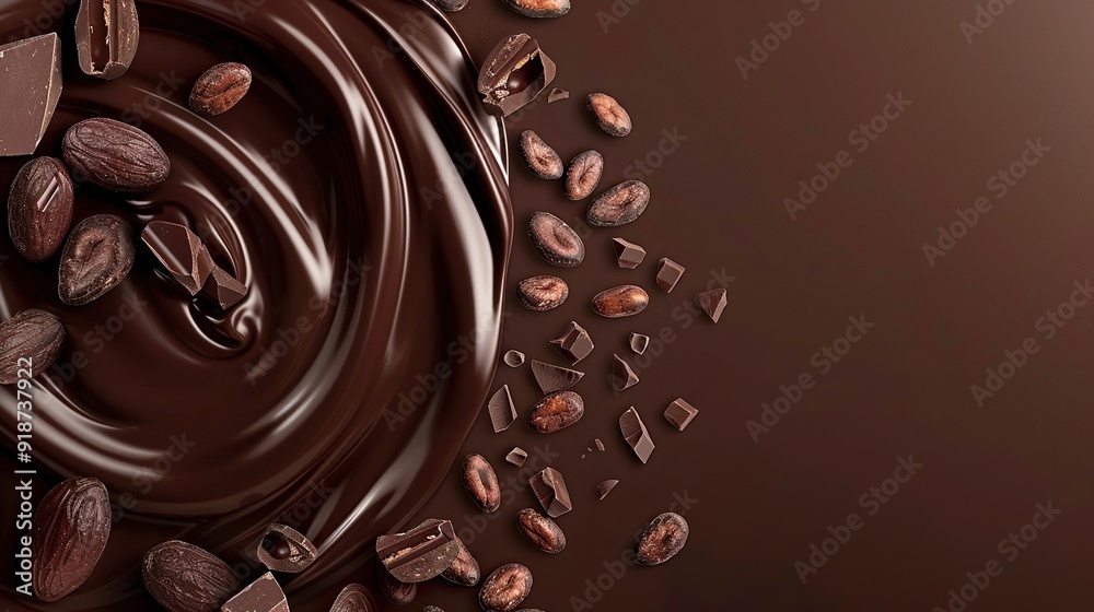Swirling Melted Chocolate with Cocoa Beans and Pieces Swirling Melted Chocolate with Cocoa Beans and Pieces