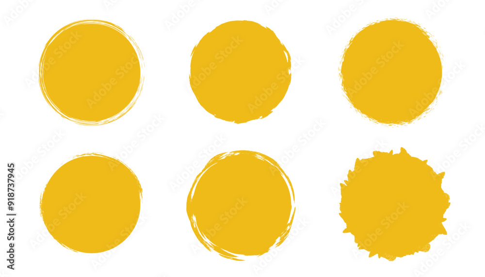 Yellow grunge circle stamp set. Round stamp vector isolated on white background. Orange stamp vector. For grunge badge, seal, ink and stamp design template. Round grunge hand drawn circle shape Yellow grunge circle stamp set. Round stamp vector isolated on white background. Orange stamp vector. For grunge badge, seal, ink and stamp design template. Round grunge hand drawn circle shape