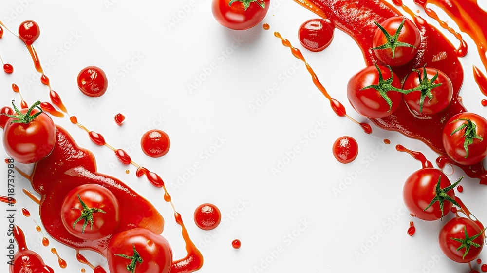 Red Tomatoes with Splashes of Tomato Sauce on White Background Red Tomatoes with Splashes of Tomato Sauce on White Background