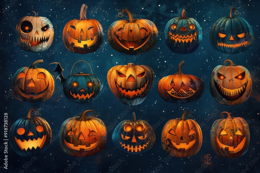 Halloween pumpkins with various scary expressions Halloween pumpkins with various scary expressions