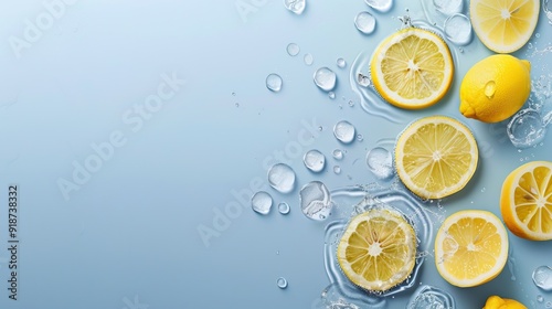 Lemon Slices and Whole Lemons Floating in Water with Ice