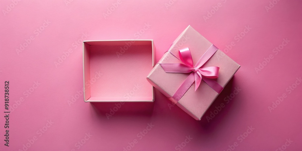 Top view of open pink gift box on pink background , gift, box, open, empty, pink, congratulations, celebration, surprise Top view of open pink gift box on pink background , gift, box, open, empty, pink, congratulations, celebration, surprise