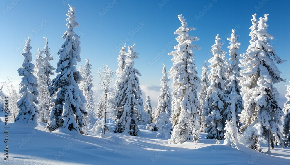 Crisp winter landscape featuring frost covered conifers in bright sunlight Crisp winter landscape featuring frost covered conifers in bright sunlight