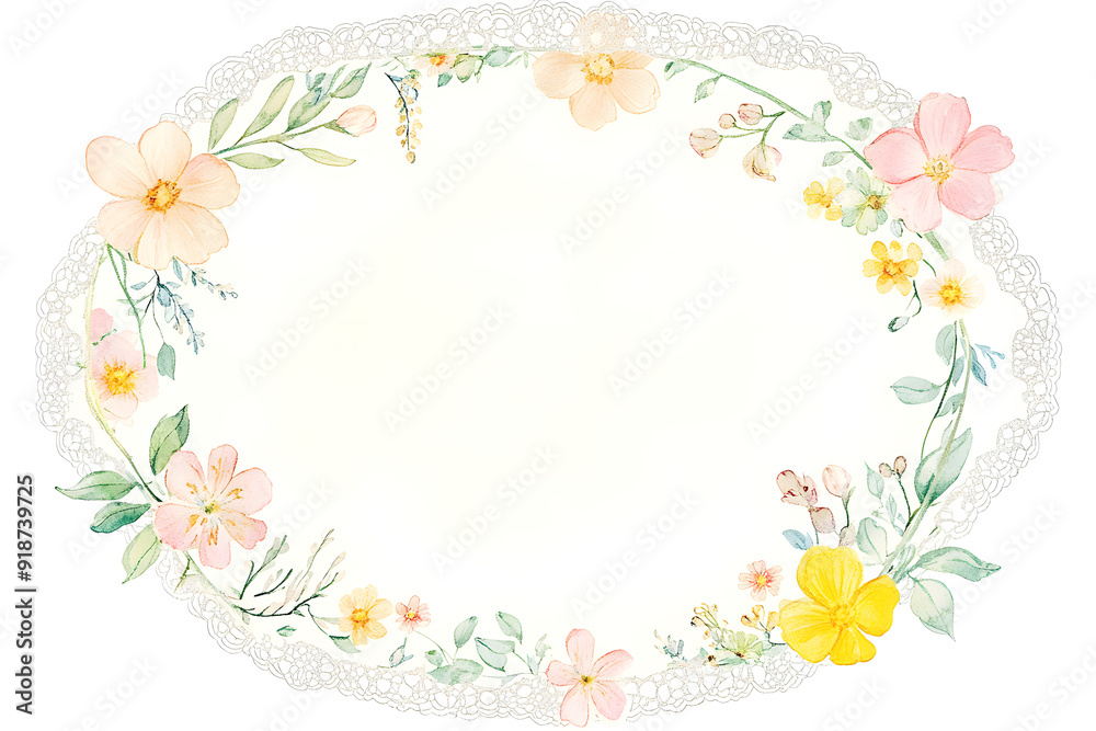 Spring flowers and cute lace ribbon border on oval blank page with inner outline in pastel watercolor illustration, isolated on white background, material for card, logo or banner. Spring flowers and cute lace ribbon border on oval blank page with inner outline in pastel watercolor illustration, isolated on white background, material for card, logo or banner.