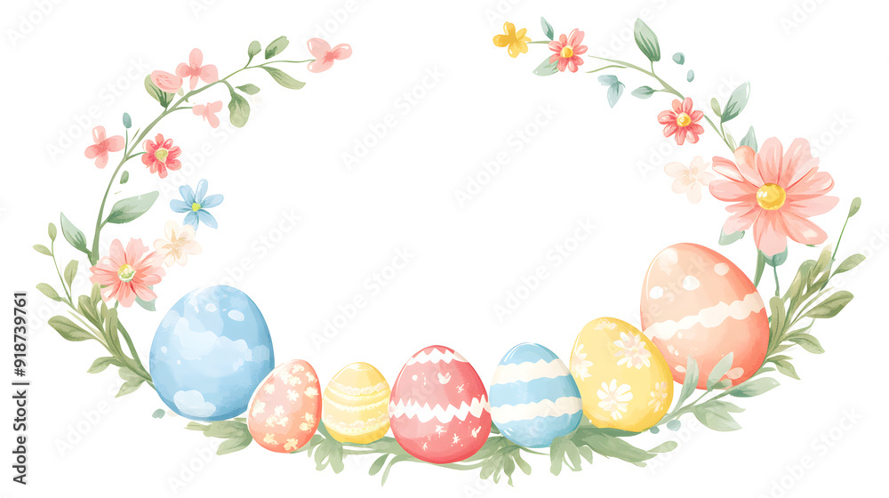 Fototapeta premium Easter themed, Oval shape frame pastel easter egg and flowers for banner and logo