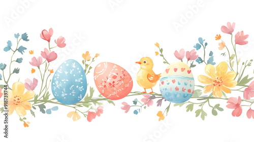 Easter themed, easter egg, little chick and flowers for banner and logo