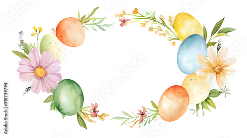 Easter themed, Oval shape frame pastel easter egg and flowers for banner and logo