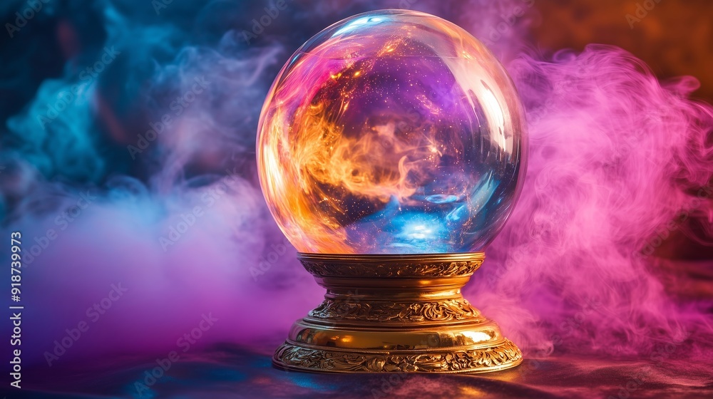 Enchanting Crystal Ball Surrounded by Vibrant Colors and Smoke Enchanting Crystal Ball Surrounded by Vibrant Colors and Smoke