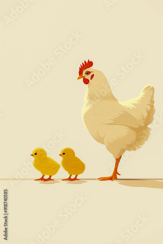 A mother chicken stands in front of two baby chicks