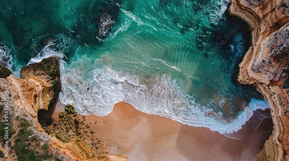 Aerial View of Turquoise Ocean Waves Crashing on a Sandy Beach