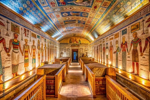 Ancient Egyptian burial site featuring intricately decorated chambers and corridors with vibrant colorful hieroglyphics in the Valley of the Kings, Luxor, Egypt.