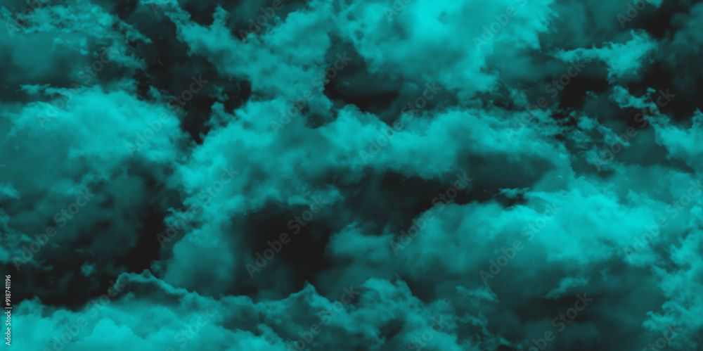 Black dark greenish blue dramatic night sky with thick grey clouds, illuminated from behind whimsical green smoke with the darkness gloomy ominous 
clouds background, blue green night sky with clouds.