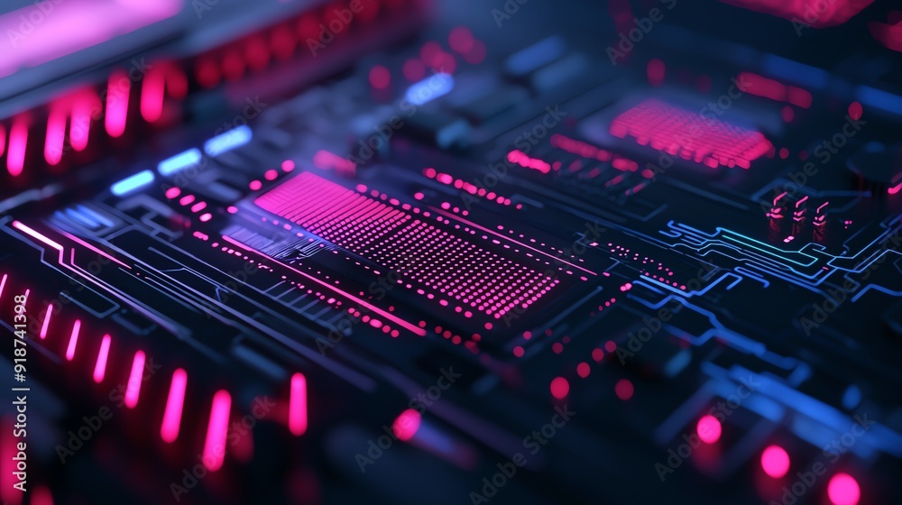 Close-up view of a neon circuit board featuring vibrant pink lights and intricate electronic components, showcasing advanced technology. Close-up view of a neon circuit board featuring vibrant pink lights and intricate electronic components, showcasing advanced technology.