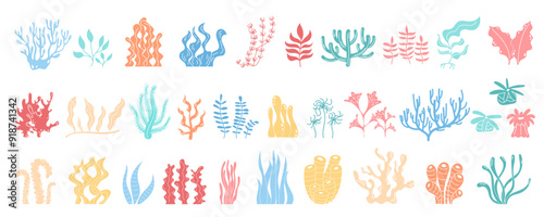 Underwater reef and marine plants set in vibrant colors. Varied sea flora like kelp, algae, seaweed with design elements. Beautiful aquatic life icons in cartoon style.