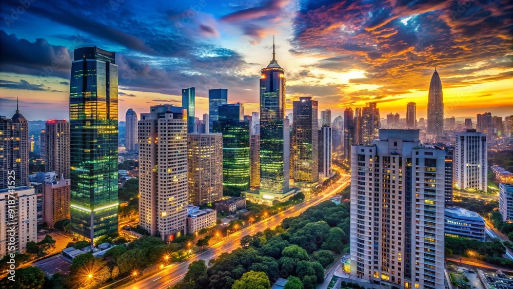 Fototapeta premium Modern metropolitan cityscape featuring sleek glass skyscrapers, bustling streets, and vibrant LED lights illuminating the urban jungle at dusk.