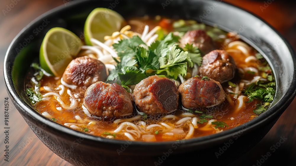 Image of noodle dish with meatballs, lime and fresh herbs. This dish is served in a dark bowl, contrasting beautifully with the bright ingredients, making it look even more appetizing. Image of noodle dish with meatballs, lime and fresh herbs. This dish is served in a dark bowl, contrasting beautifully with the bright ingredients, making it look even more appetizing.