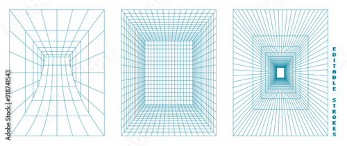 A collection of 3D wireframe tunnel designs at checkered grid background. The abstract geometric portal structures in a retro Y2K aesthetic with futuristic digital elements.