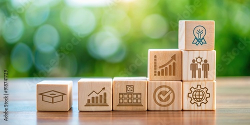 Wooden blocks with icons representing capacity building, education, growth, and development on a table