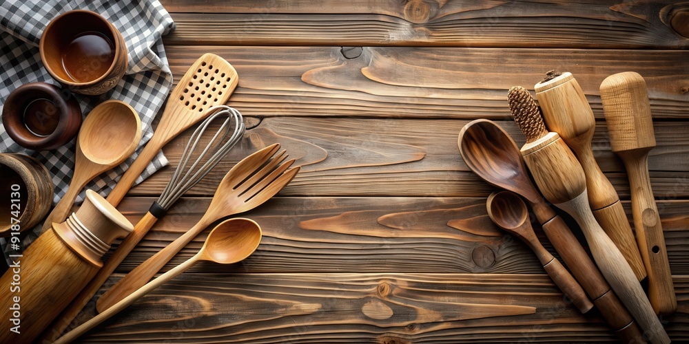 Wooden kitchen utensils on a rustic farmhouse table , cooking, cookware, spoon, spatula, fork, knife Wooden kitchen utensils on a rustic farmhouse table , cooking, cookware, spoon, spatula, fork, knife