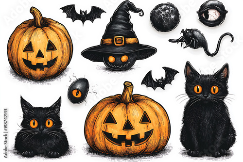 A humorous set of pencil-drawn Halloween stickers featuring .The playful and quirky designs are perfect for Halloween-themed projects