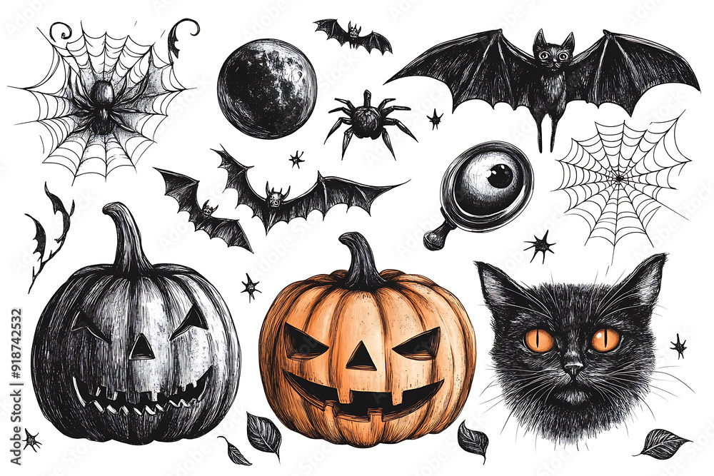 A humorous set of pencil-drawn Halloween stickers featuring a pumpkin, bat, witch, vampire, zombie, eye, spider web, and black cat A humorous set of pencil-drawn Halloween stickers featuring a pumpkin, bat, witch, vampire, zombie, eye, spider web, and black cat