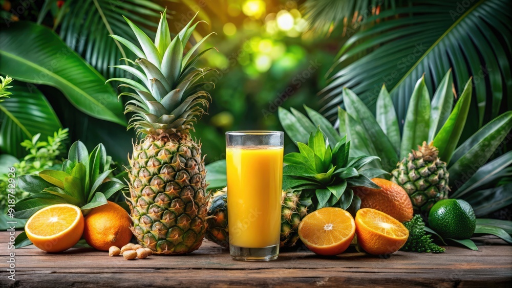 Tall glass of pineapple juice surrounded by pineapples and oranges in a tropical garden , pineapple, juice, tropical, fruit Tall glass of pineapple juice surrounded by pineapples and oranges in a tropical garden , pineapple, juice, tropical, fruit