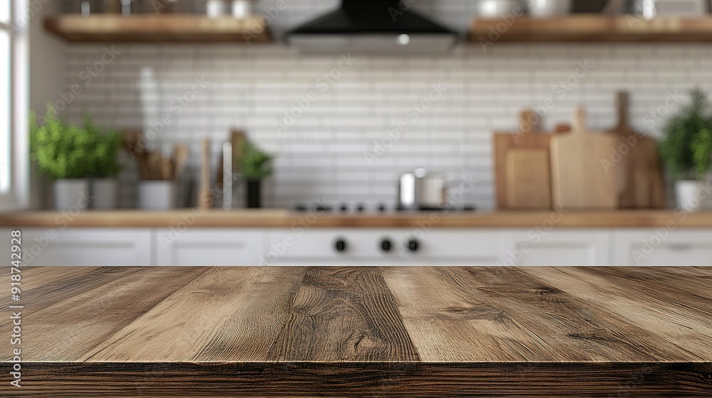 Wooden Countertop in Front of Blurred Kitchen Background Wooden Countertop in Front of Blurred Kitchen Background