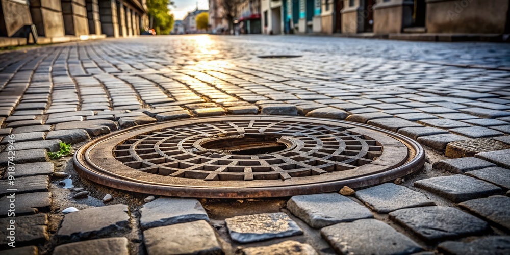 a broken manhole cover with a gaping hole in the pavement, revealing an open sewer hatch, posing a hazard to pedestrians. a broken manhole cover with a gaping hole in the pavement, revealing an open sewer hatch, posing a hazard to pedestrians.