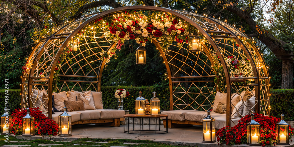 Obraz premium Romantic outdoor garden lounge with roses and soft candlelight, seating area, wood, luxury landscaping home design, yard furniture