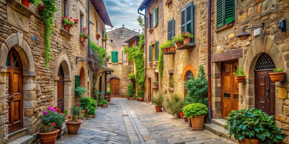 Fototapeta premium Charming Italian street in a small provincial town of Tuscan , cobblestone, architecture, colorful, buildings, narrow