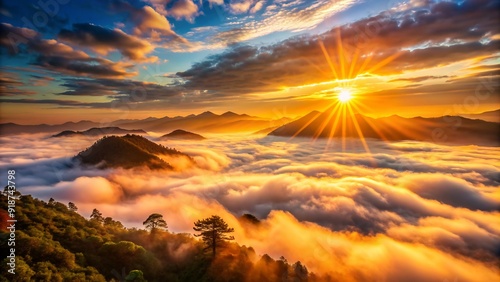 This captivating scene features a mesmerizing interplay of sunlit mist, mountains, and a vibrant sunset sky. The design creates a visually striking backdrop for your projects.