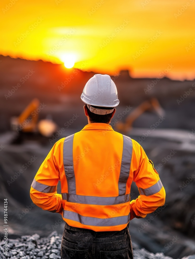 Construction worker watches the sunset over a mining site, symbolizing hard work and dedication in the industry. Construction worker watches the sunset over a mining site, symbolizing hard work and dedication in the industry.