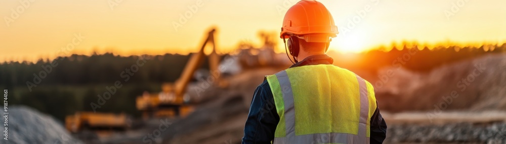 Construction worker overseeing a site at sunset, highlighting safety gear and machinery, symbolizing hard work and dedication. Construction worker overseeing a site at sunset, highlighting safety gear and machinery, symbolizing hard work and dedication.