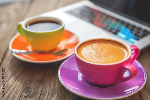 Two colorful coffee cups next to a laptop on a wooden table, perfect for a work-from-home or remote work concept. photo