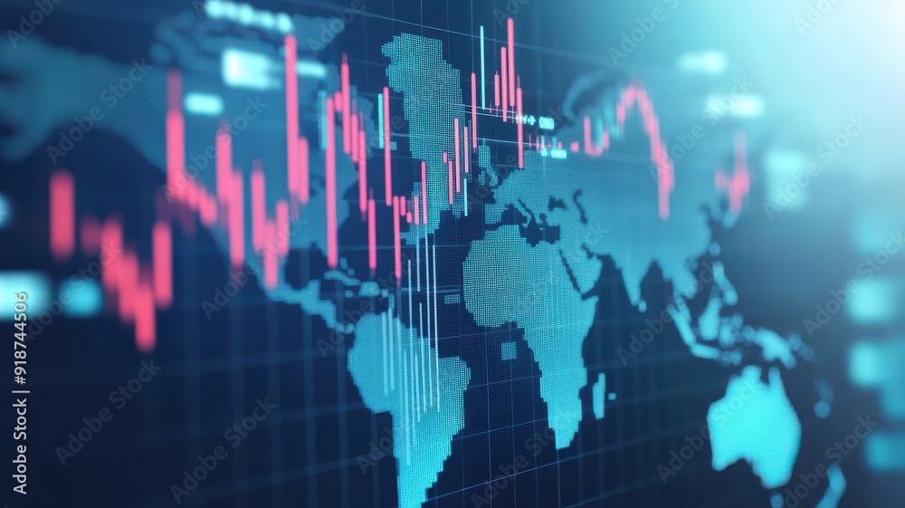 Dynamic digital world map with financial graphs showcasing global market trends and data visualization technology. Dynamic digital world map with financial graphs showcasing global market trends and data visualization technology.