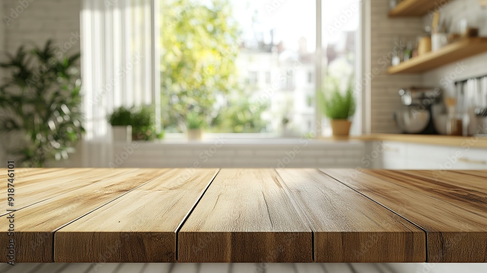 Close-up of a Wooden Tabletop in a Kitchen with a Window View Close-up of a Wooden Tabletop in a Kitchen with a Window View