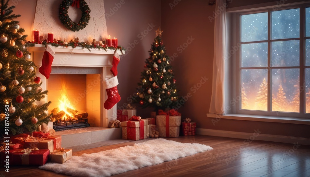 festive Christmas background with cozy living room view, burning fireplace, stockings hanging on the mantle, and large window showing falling snowflakes, copy space on the left, ai festive Christmas background with cozy living room view, burning fireplace, stockings hanging on the mantle, and large window showing falling snowflakes, copy space on the left, ai