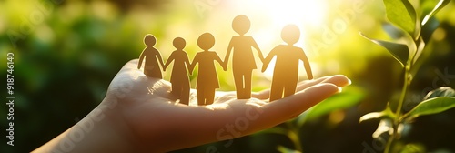 Hand holding a paper family. Selective focus. Nature background. photo