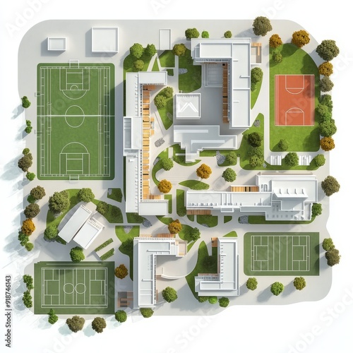 3D Render of a school campus including sports fields, classrooms, and a library, floor plan, on isolated white background