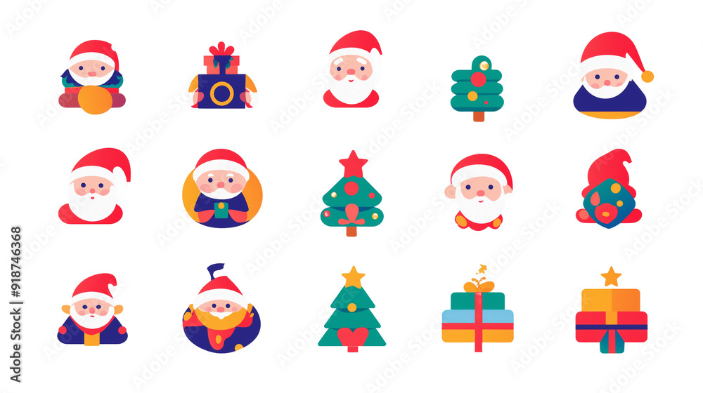 Fototapeta premium カラフルで元気いっぱいのサンタとクリスマスアイコンセット | ホリデーシーズンに最適なデザイン素材