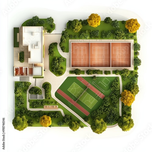 3D Render of a school with art rooms, a theater, and outdoor sports facilities, floor plan, on isolated white background