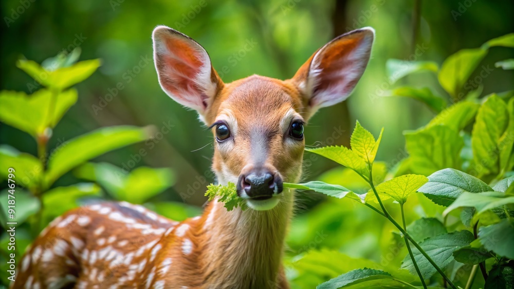 Adorable white-tailed deer fawn with spotted coat and curious expression nibbles on fresh green leaves amidst vibrant summer foliage in Wisconsin's serene woodland habitat. Adorable white-tailed deer fawn with spotted coat and curious expression nibbles on fresh green leaves amidst vibrant summer foliage in Wisconsin's serene woodland habitat.