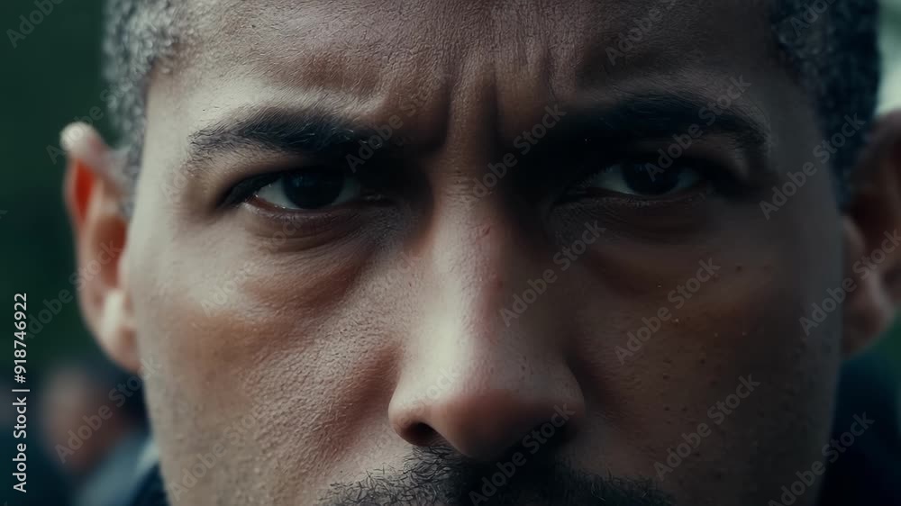 A closeup of a leaders furrowed brow determination etched on their face as they address the protesters. A closeup of a leaders furrowed brow determination etched on their face as they address the protesters.