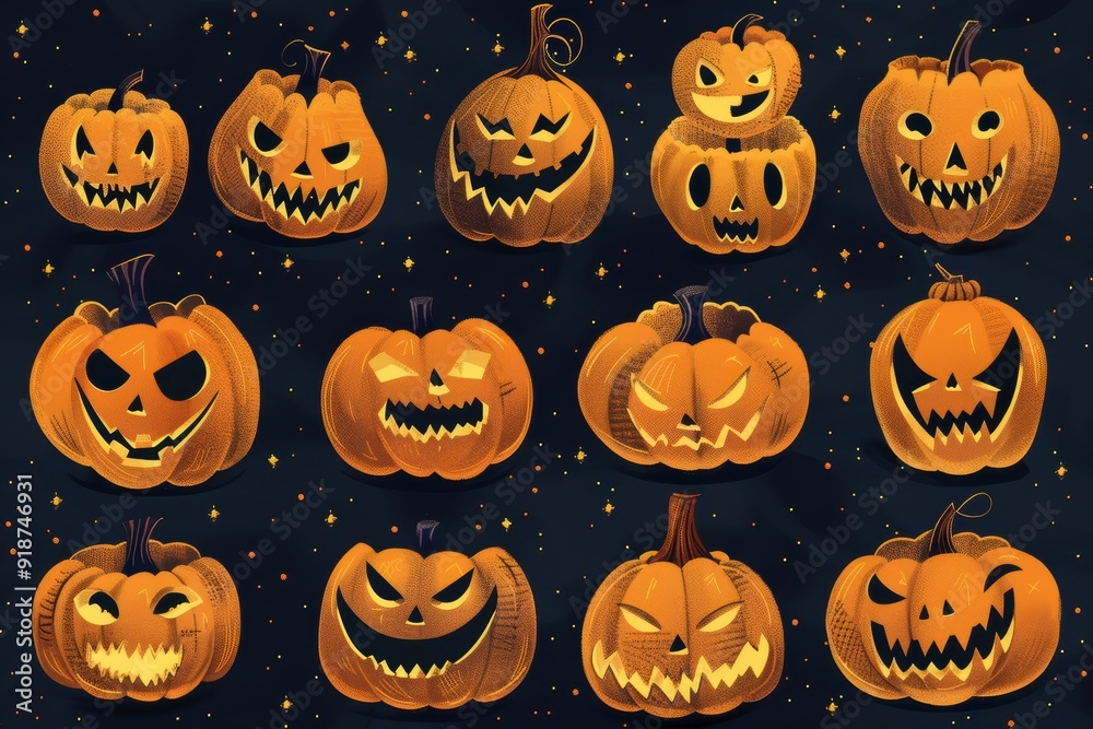 A collection of Halloween pumpkins with various scary expressions A collection of Halloween pumpkins with various scary expressions
